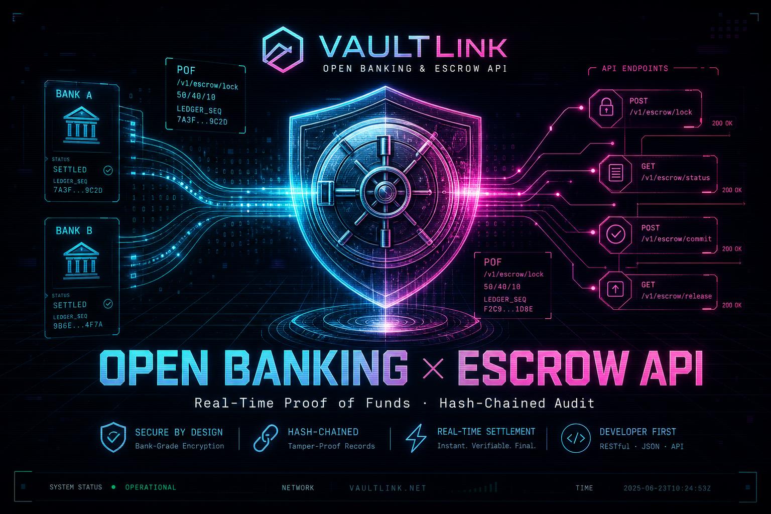 VaultLink open banking and escrow API — neon vault with API endpoints and bank settlement flows